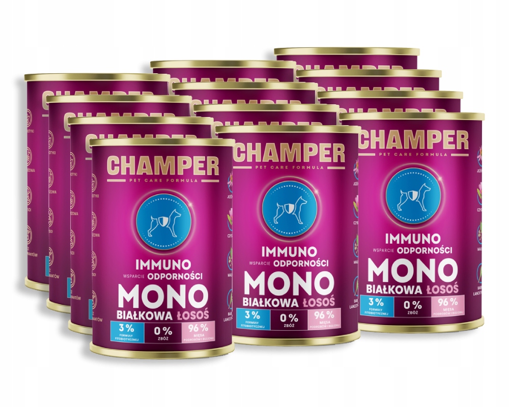 Levně Champer Immuno Monoproteinové lososové krmivo mokré pro dospělé psy 12x400g