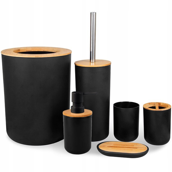 ZESTAW ŁAZIENKOWY SZCZOTKA DO ŁAZIENKI WC DOZOWNIK KOSZ CZARNY KOMPLET 6w1