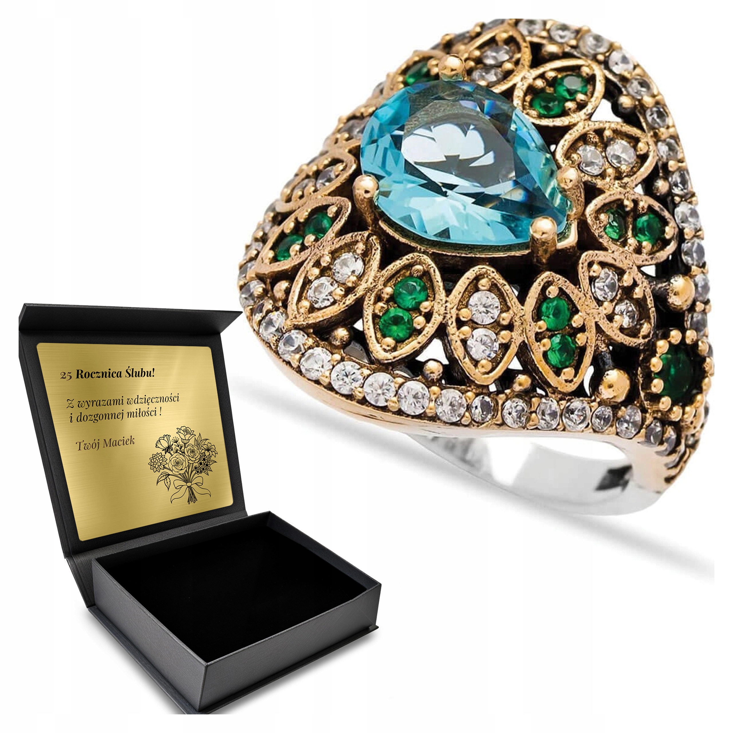 Prstýnek Srerbny 925 Zirkony Smaragd Topaz pro ženy Gravírování Bonus