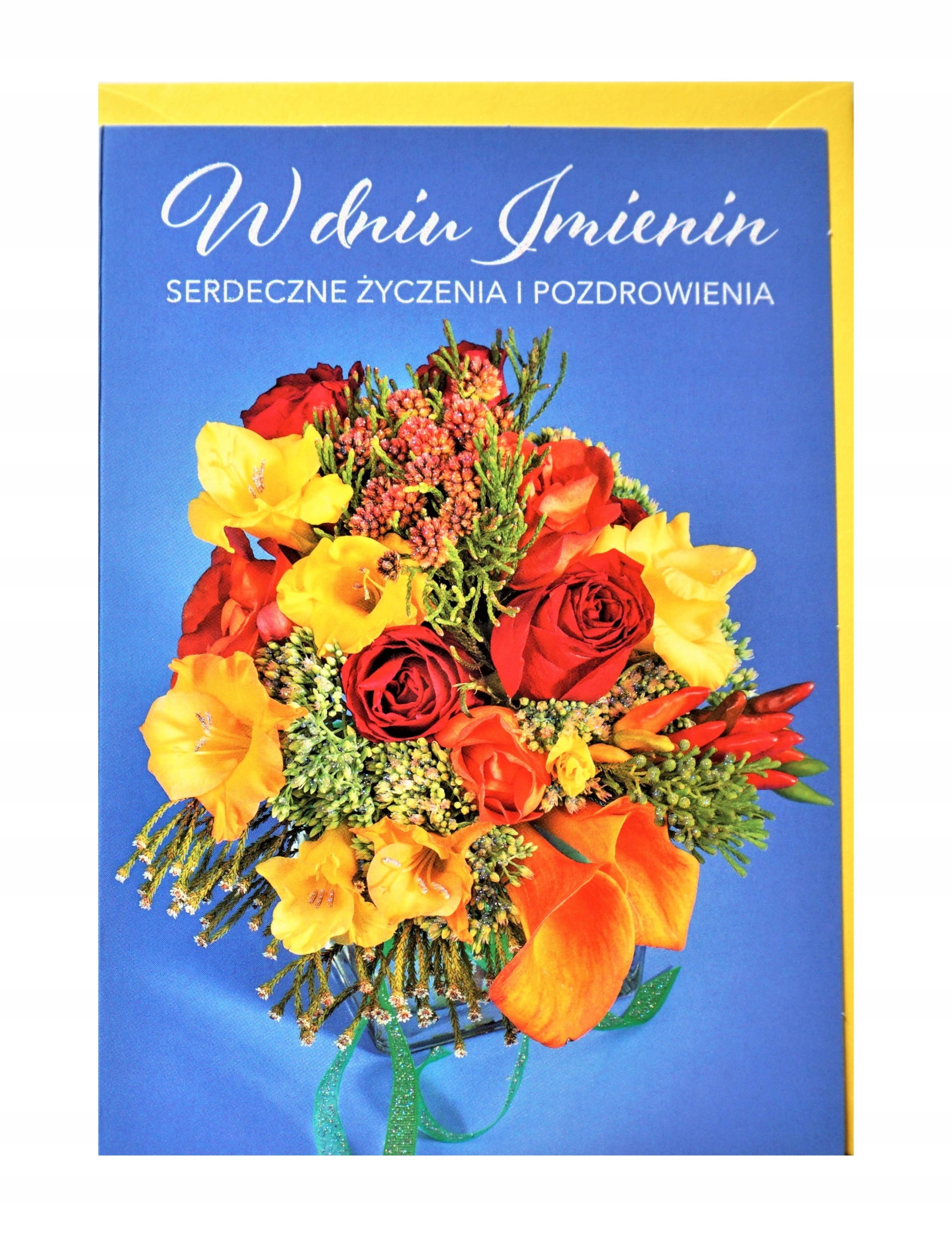 

A IX Karnet, kartka imieninowa brokatowa kwiaty.