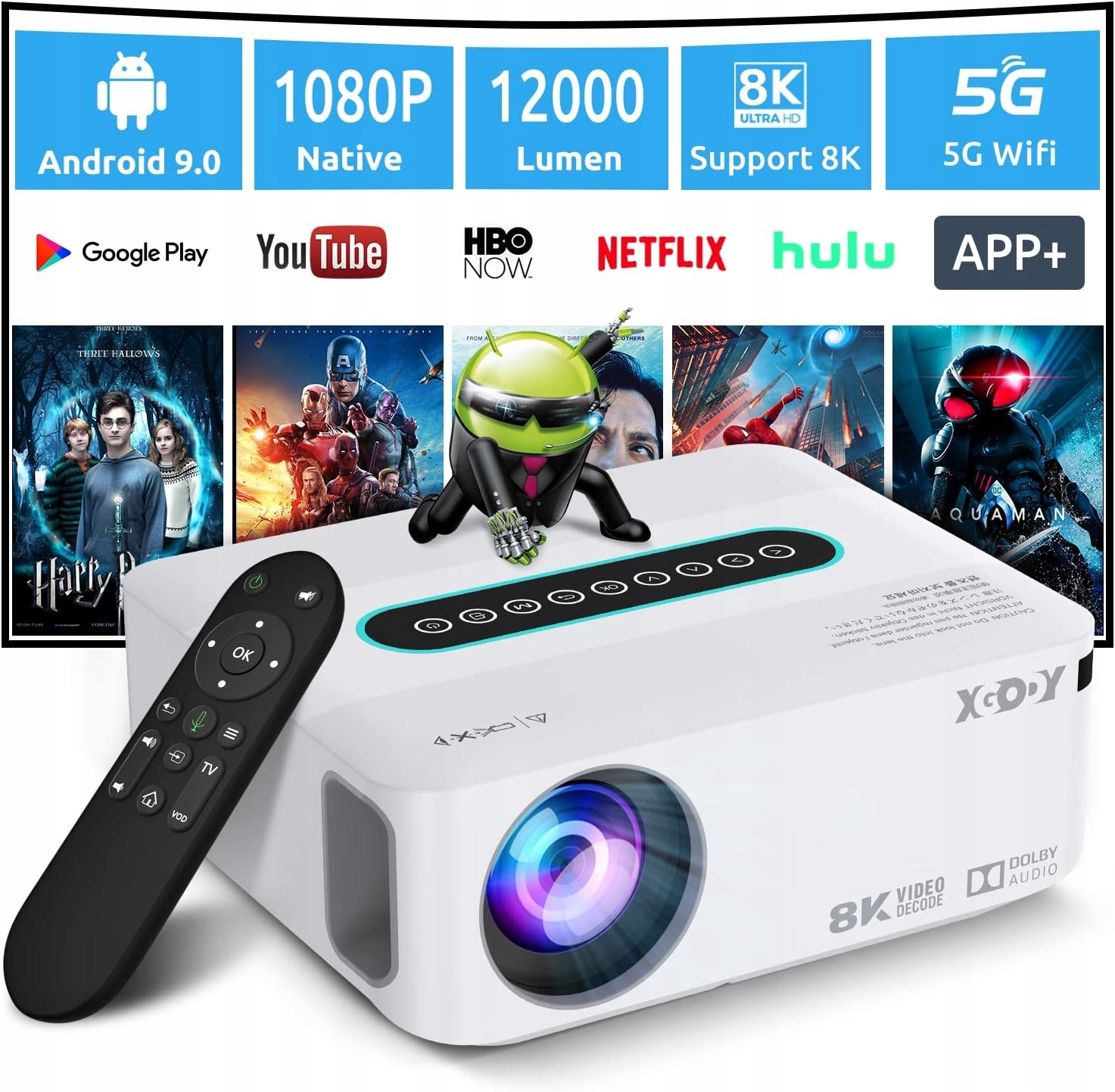 Projektor FHD UHD Android 9 WiFi 6 Bluetooth Native 1080p Xgody X1 biały