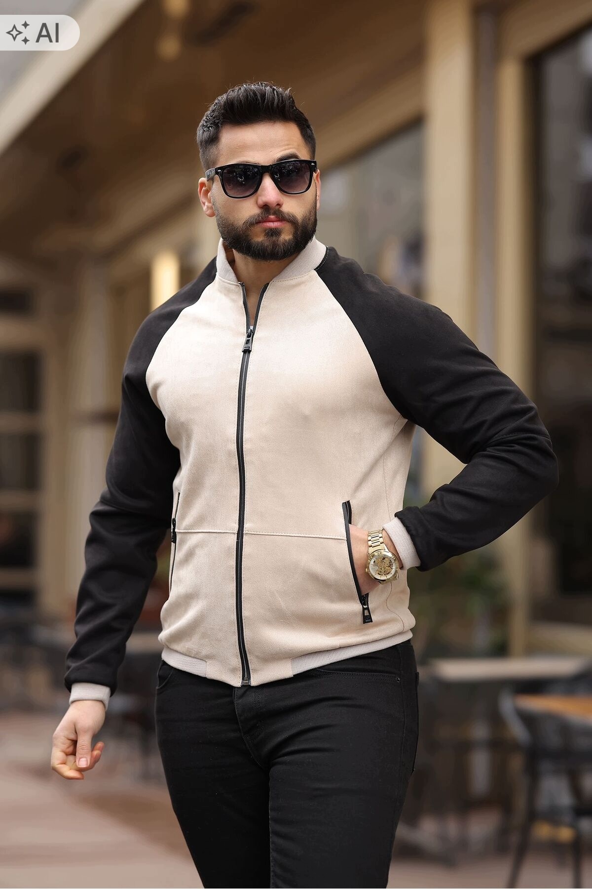 Useclup Elegantní Bunda Bomber Dvoubarevná S Panelem Béžová XXL 5IA