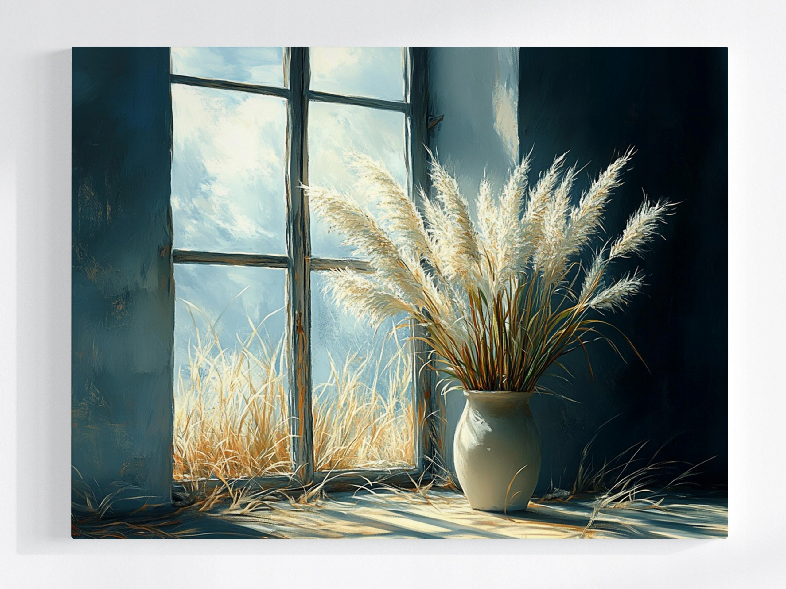 Obraz Na Plátně Canvas Dekorace Okno Tráva Ozdobná Pampasová Váza 100x75