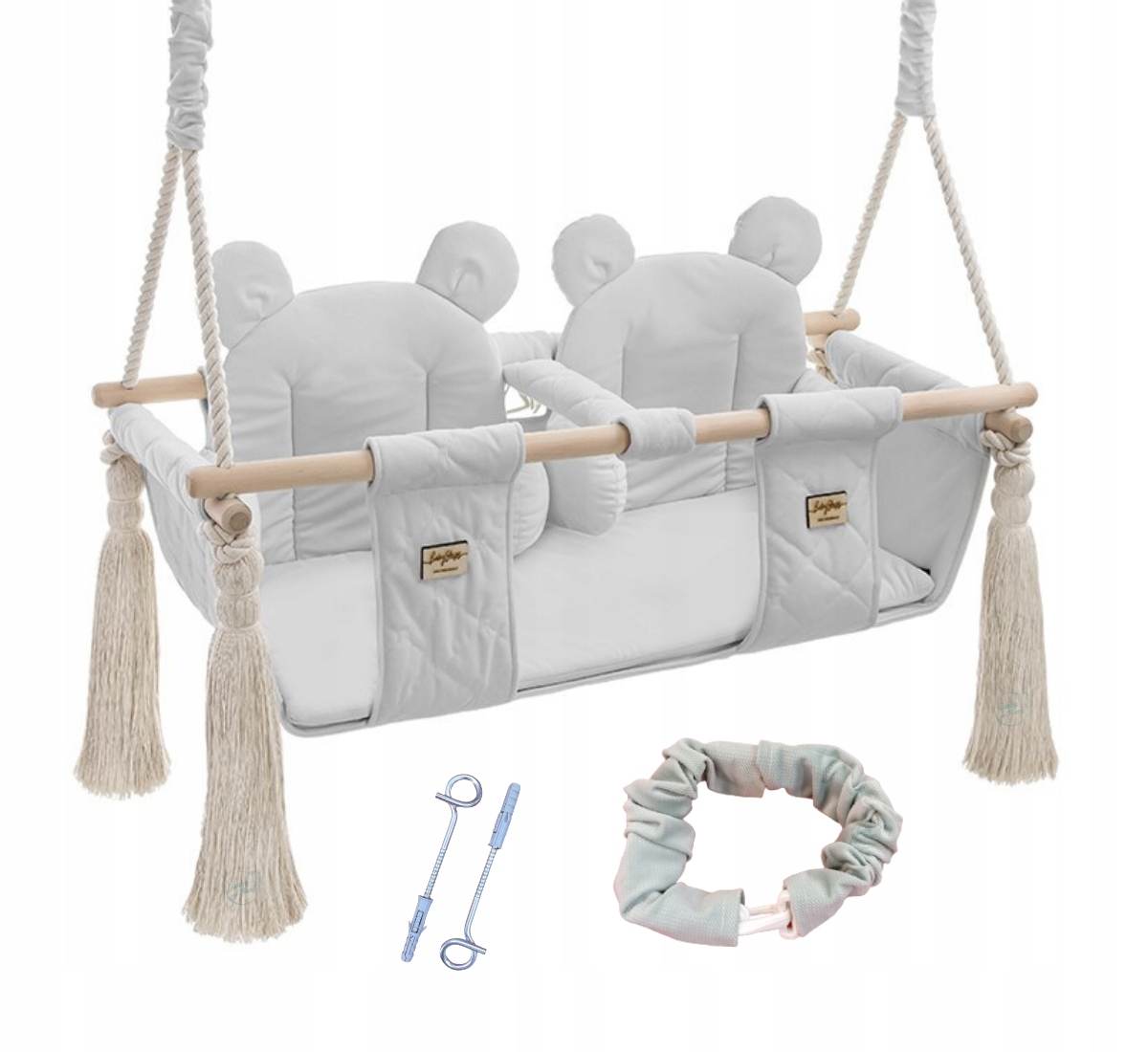 HUŚTAWKA DOMOWA BABYSTEPS TWINS SZARA KOMPLET Z PASAMI I HAKAMI LINY 1,75 M