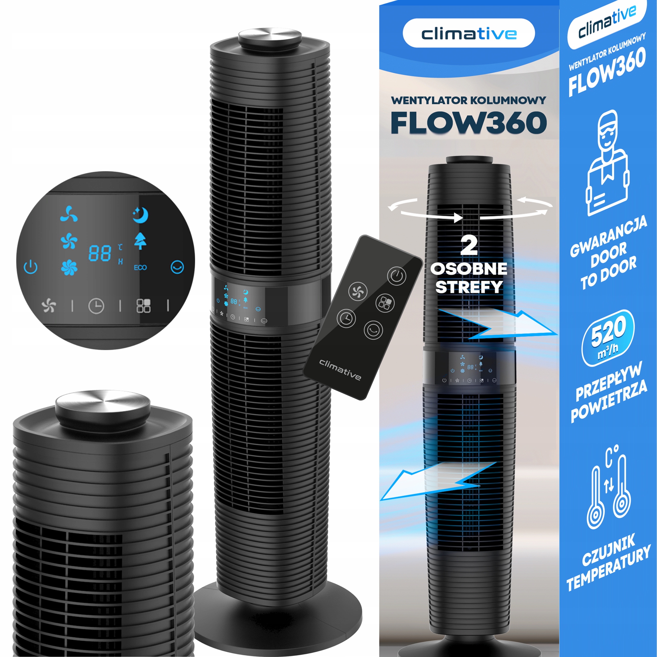 Výkonný, tichý stĺpový ventilátor ventilátor s 2-zónovým XXL časovačom a diaľkový ovládač