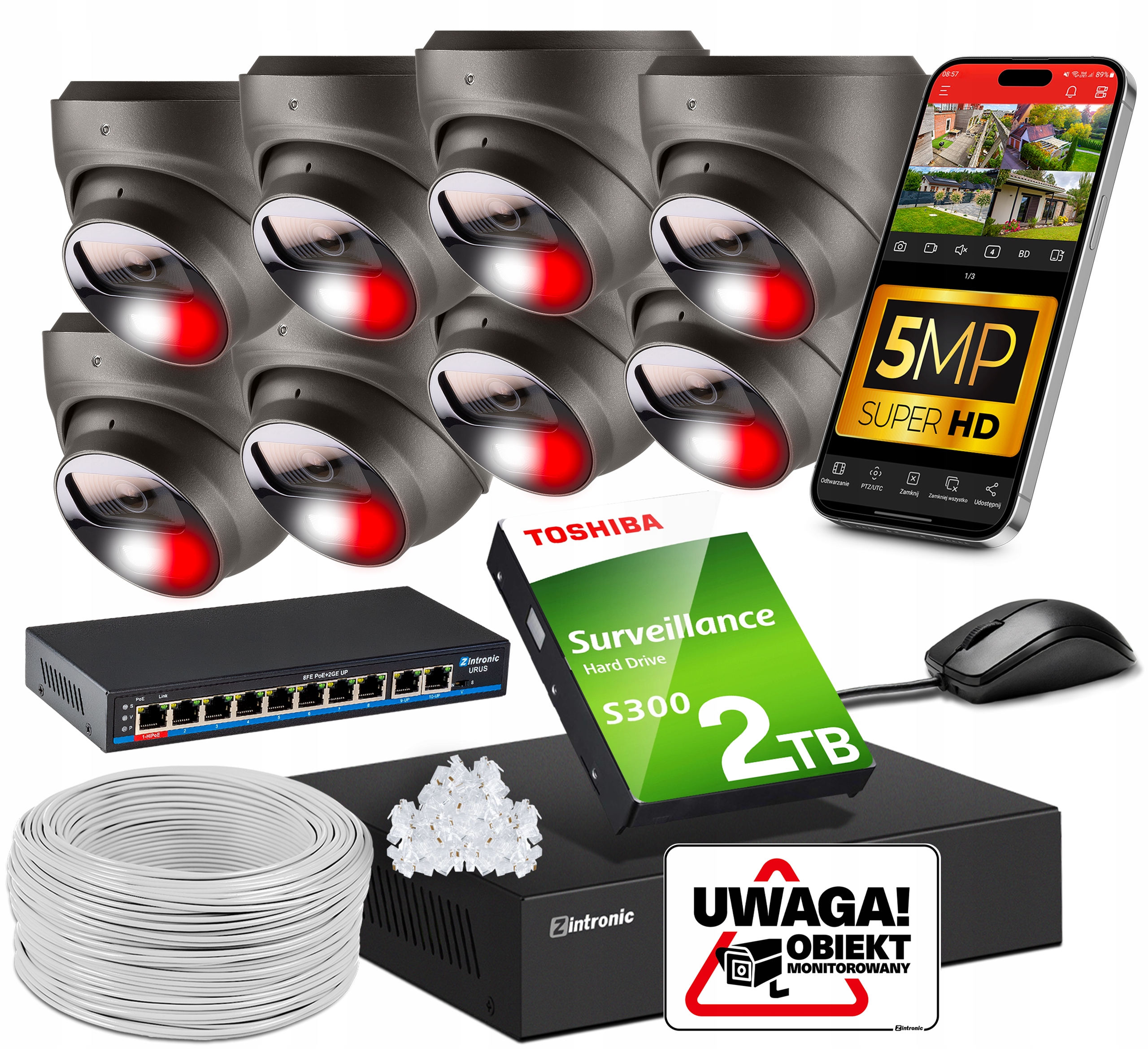 Sada Ip Monitorovania PoE 8 Kamera 5MPx Šedá Audio Detekcia 2TB Switch