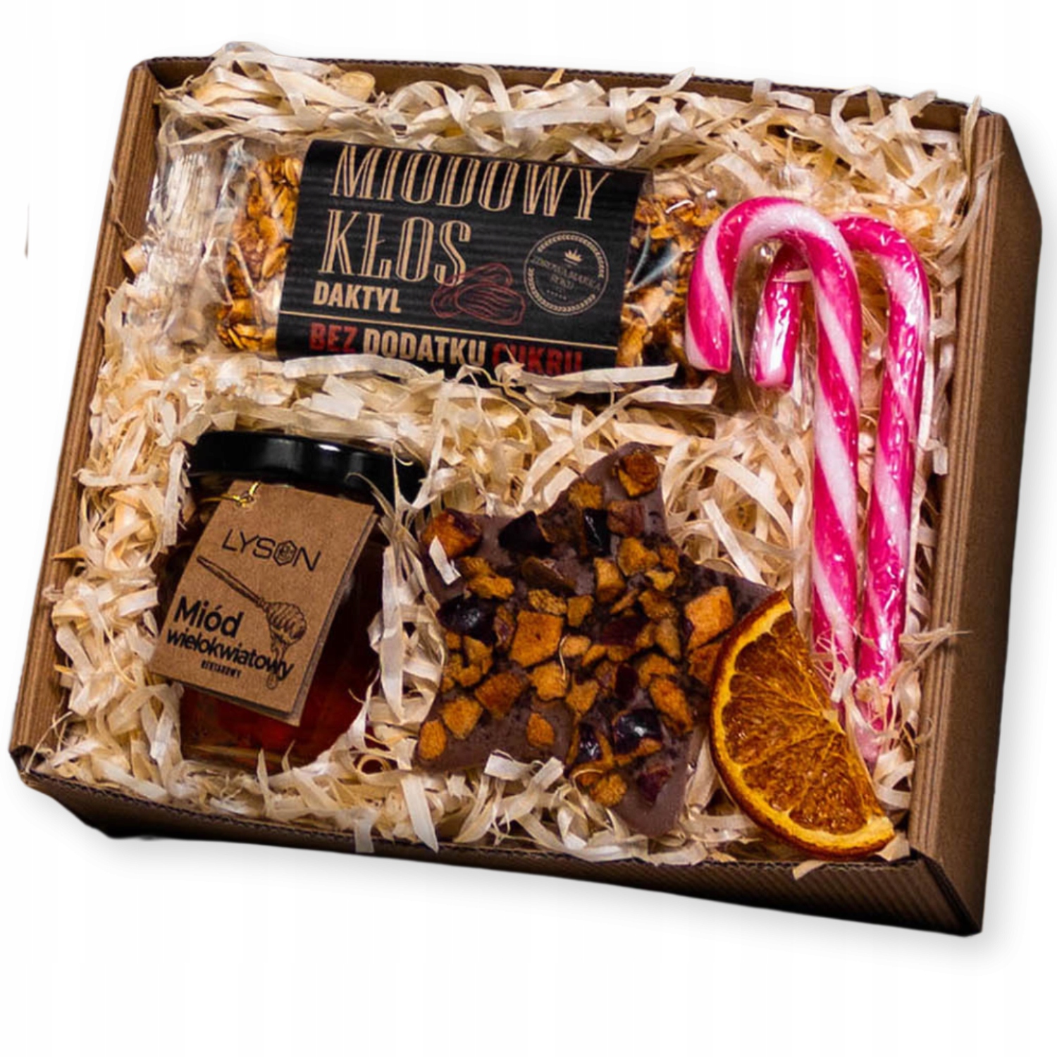 Vánoční dárkový koš Box – med, tyčinka, čokoláda, cukrové tyčinky