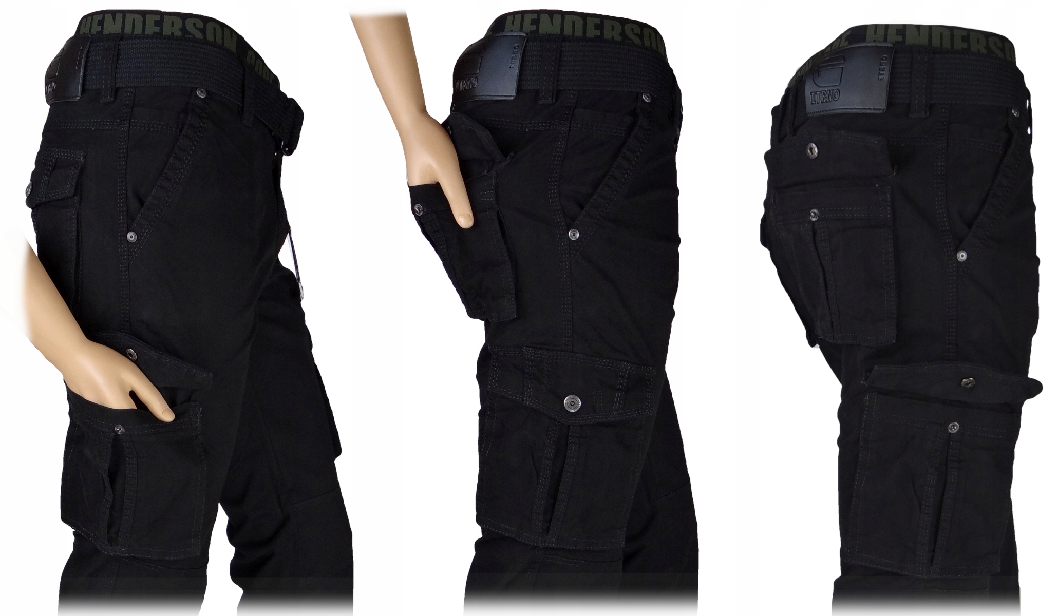 SPODNIE BOJÓWKI CZARNE Stretch z Paskiem Różne Rozmiary r.34 IT/Th cz. Fason bojówki