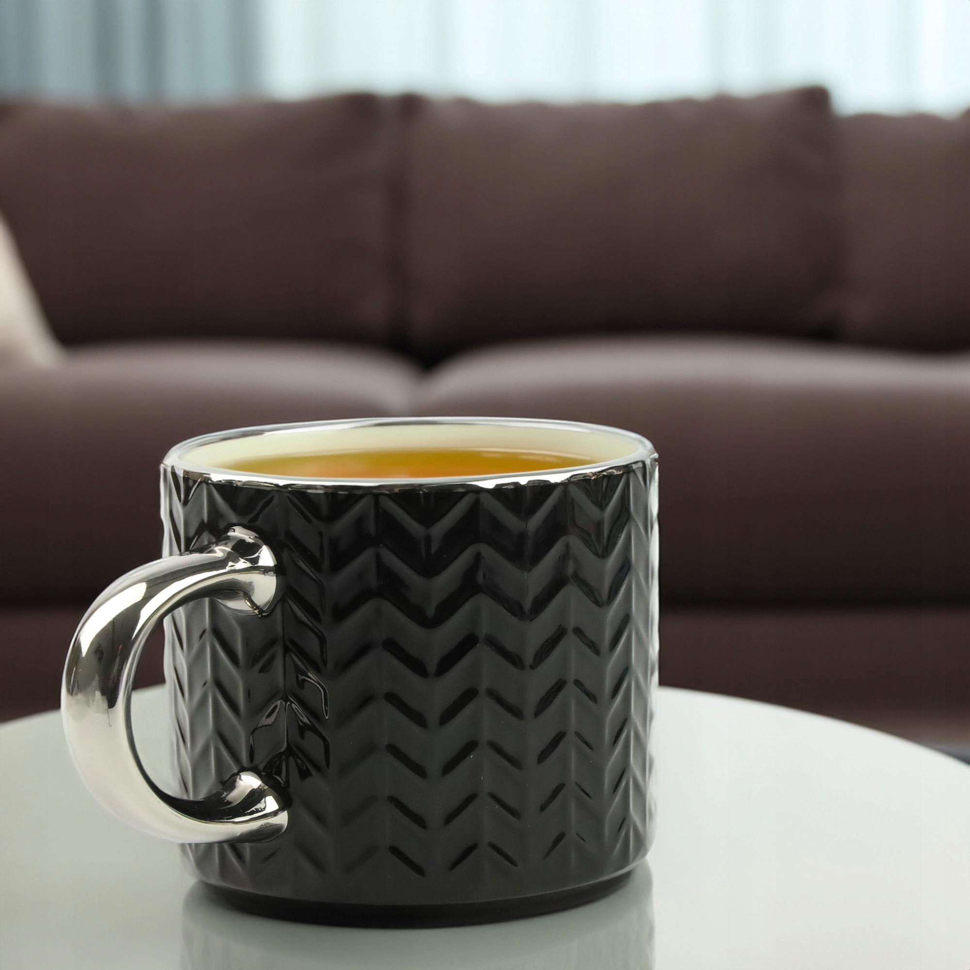 KUBEK PORCELANOWY DO KAWY HERBATY WZÓR SWETEREK 470ML ZE SREBRNYM UCHEM