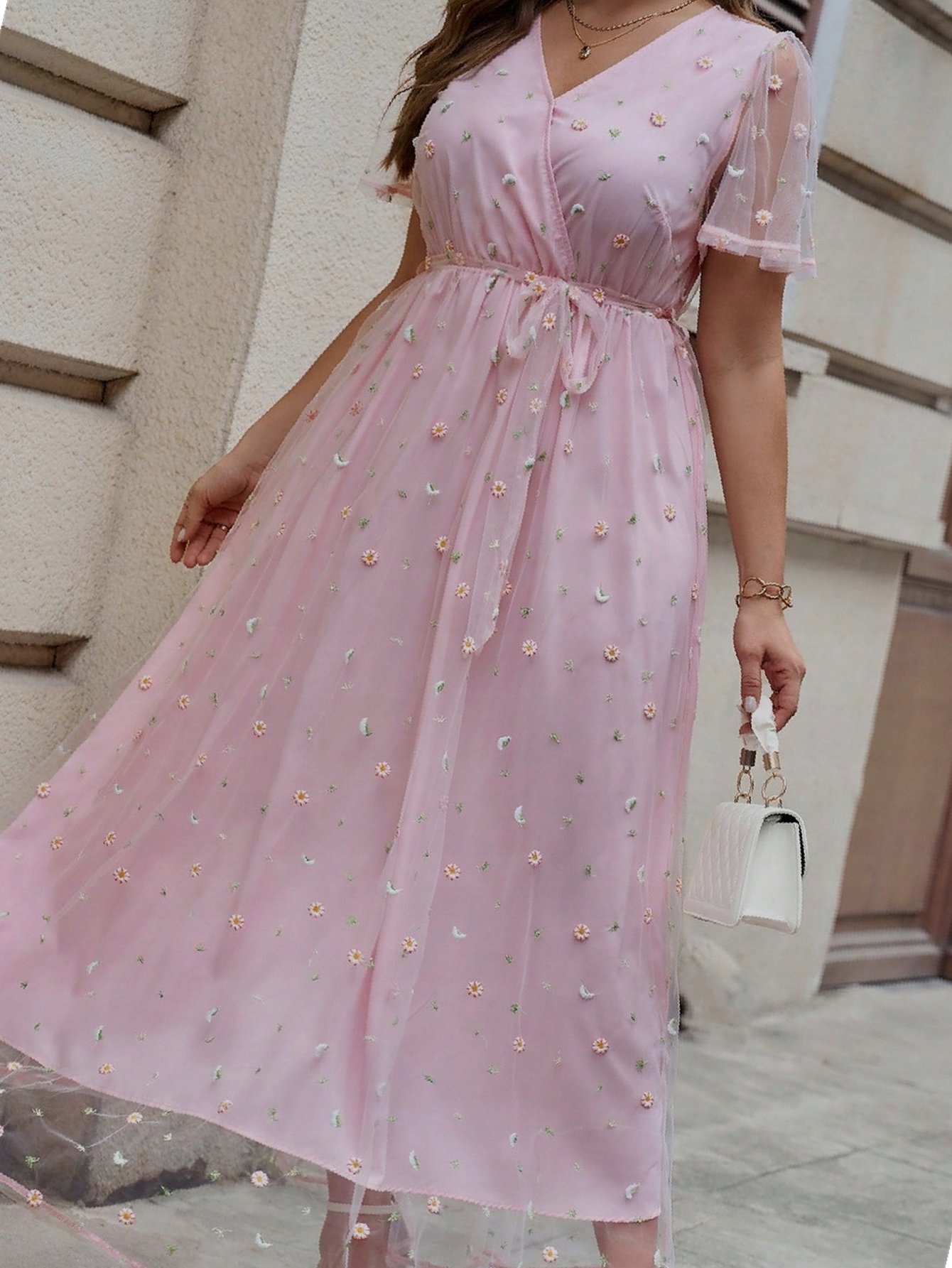 Šaty Tylová Koktejlová s vyšívanými květy Růžová Dlouhá 4XL 48