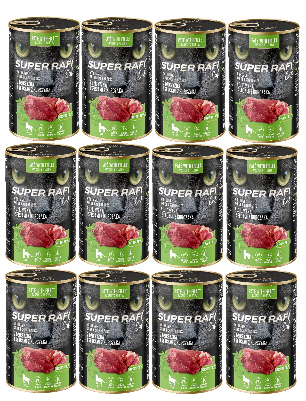 Levně Rafi Cat zvěřina a kuřecí srdce Krmivo mokré pro kočky 12x400g