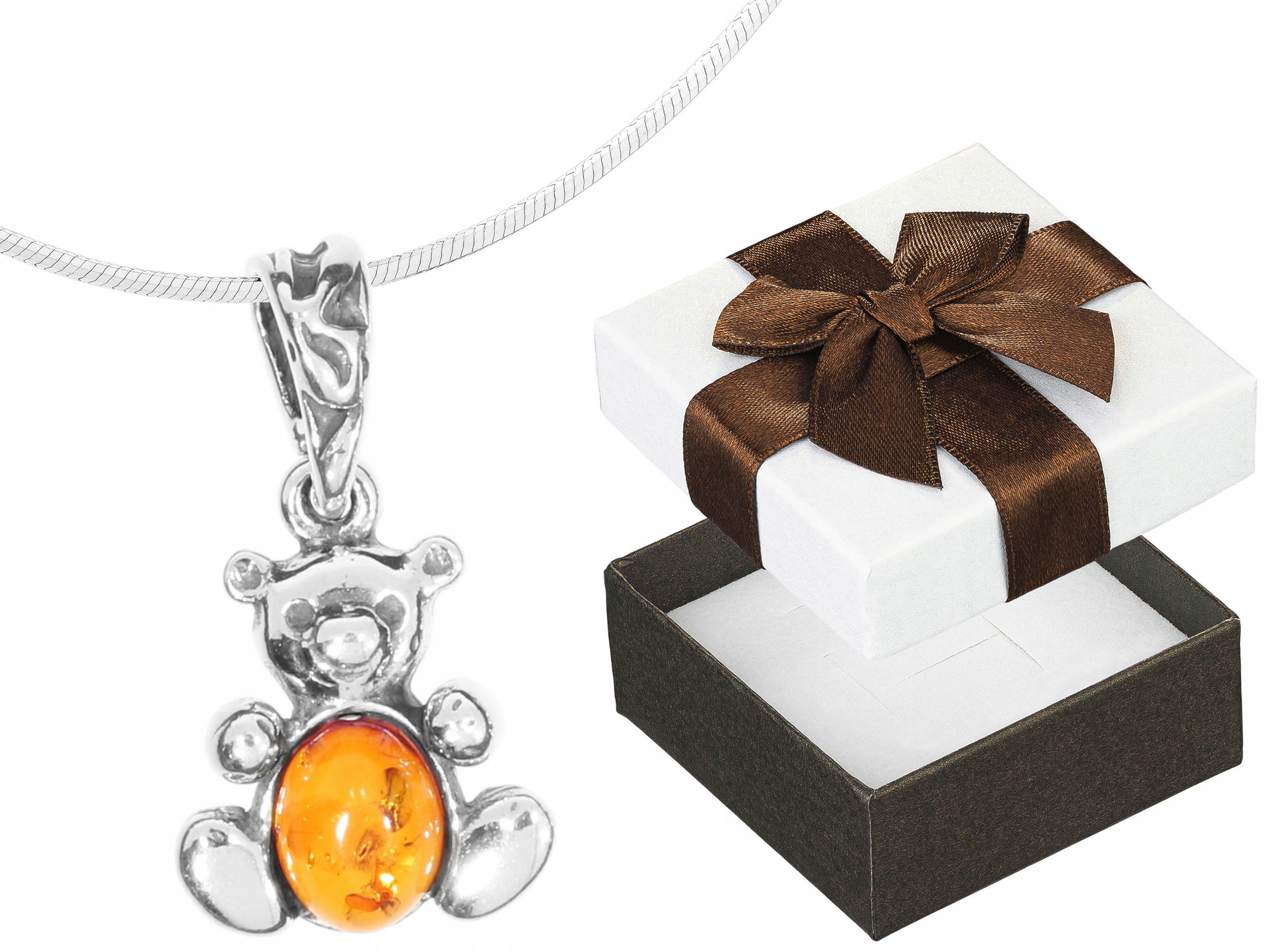 Krátký Stříbrný Dámský Náhrdelník s Medvídkem Oxidovaný Medvídek Jantarový Choker 35