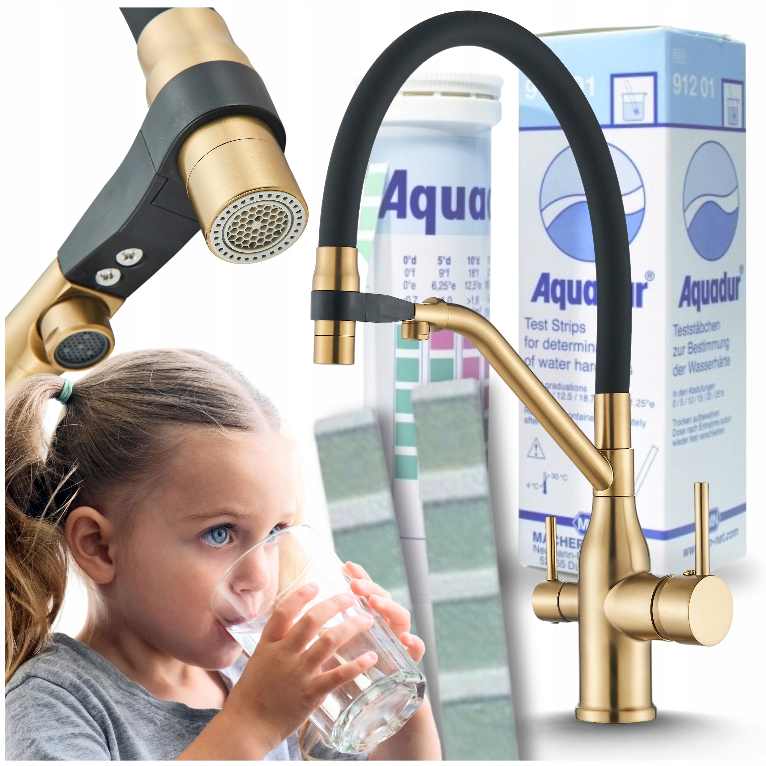 Kuchynská Batéria Zlatá Trojcestná s Vyťahovacou Výtokovou Rúrou Vodovodná Batéria Kuchyňa Mosadz