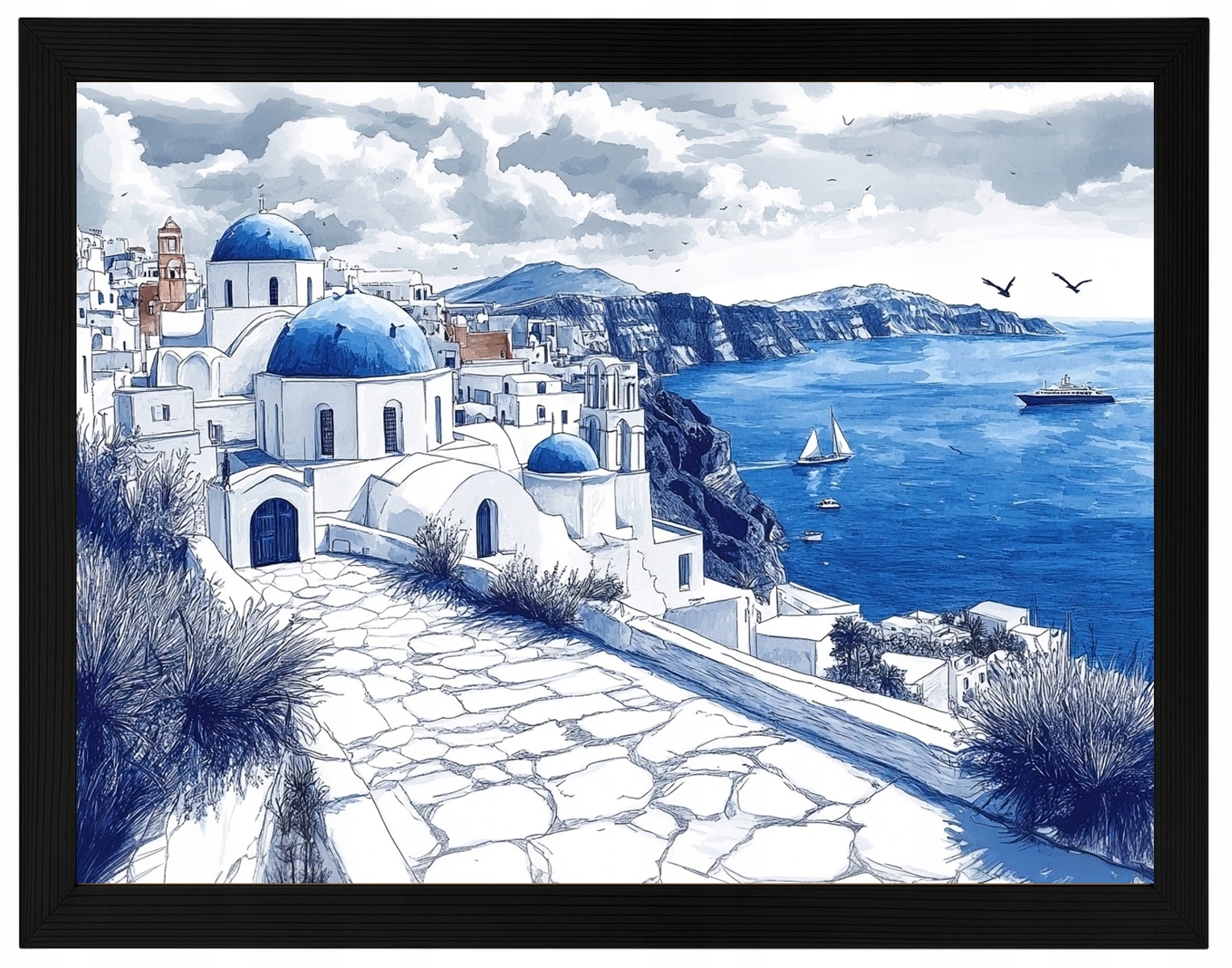 Plakát Rámeček Dřevo Řecko Santorini Moře Kostel Modrý 80x60