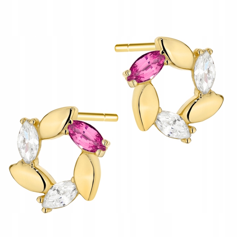 Zlaté Náušnice pr. 585 Listy Bílé Rubínové Zirkony Tužka 14k