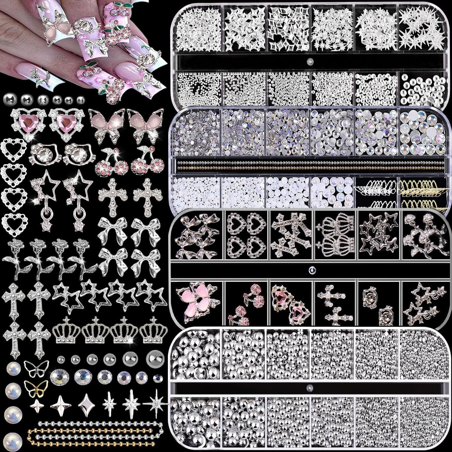 Kamienie Do Paznokci Srebrne Zestaw 4 Pudełka Rhinestone Koraliki Perły
