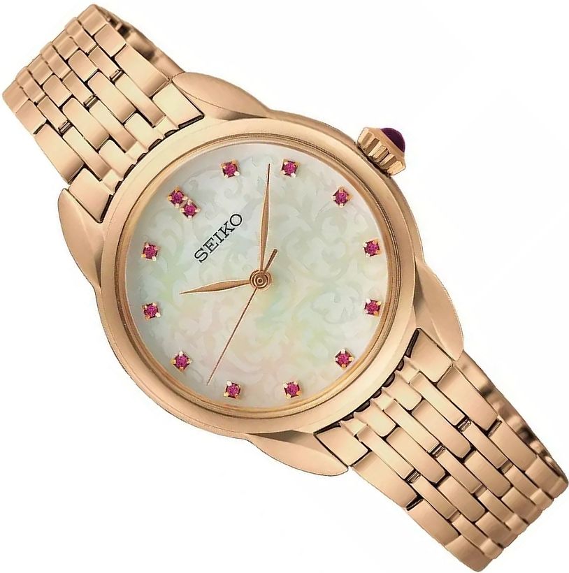 Elegantní Dámské Hodinky Seiko SUR564P1 Perlová Hmota Křišťály Rosegold