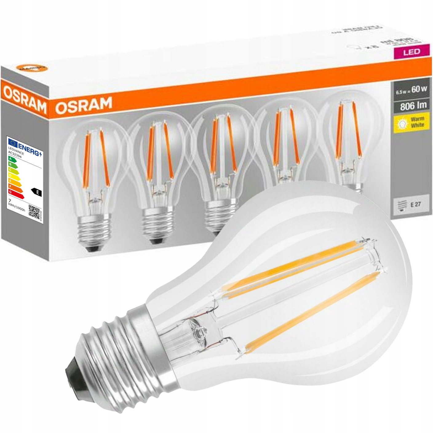 

5x Żarówka Led Filament E27 7W 806lm 2700K Osram