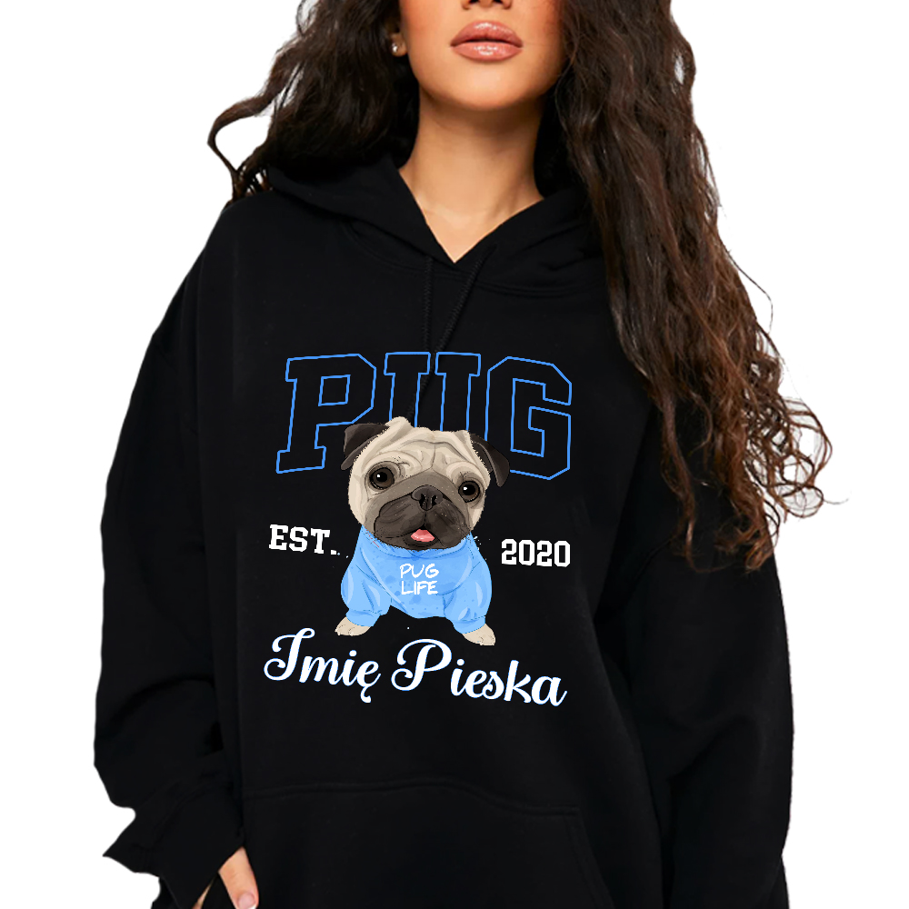 Mikina Černá Kapuce Dámská jako Dárek pro milovníka Pejsků Pug Jméno Wz S