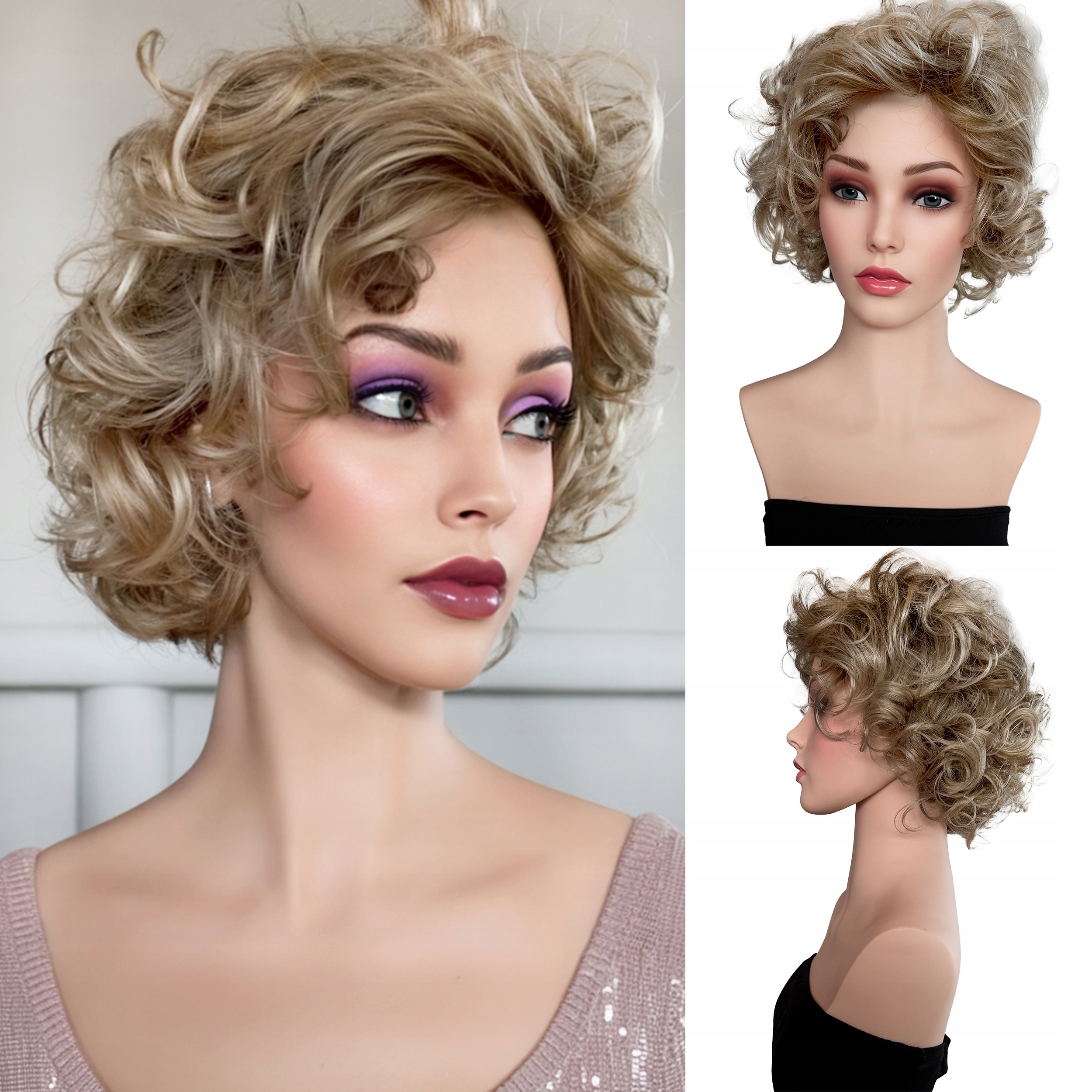 Syntetická paruka pro ženy, umělé kudrnaté vlasy, krátká blond účes
