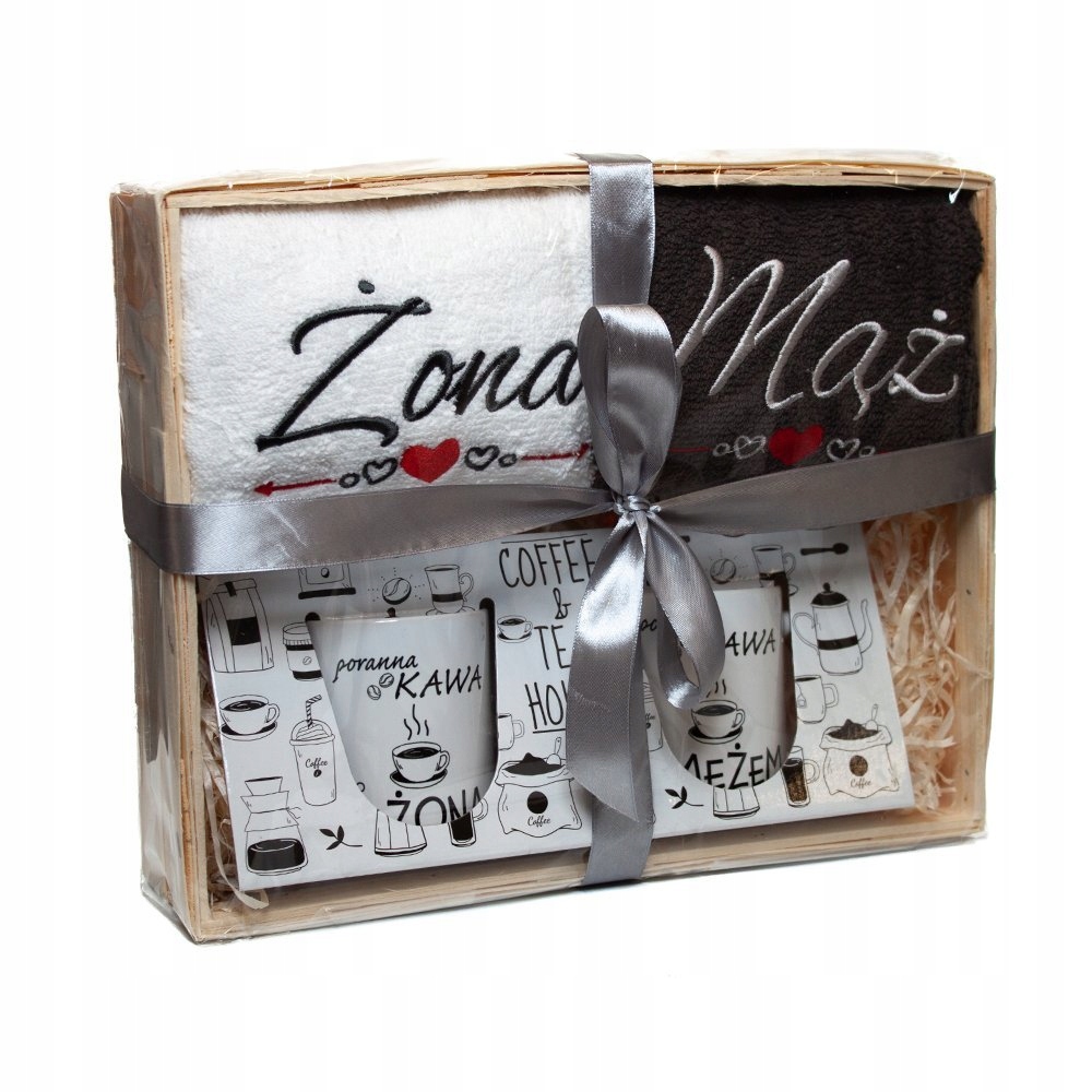 Zestaw kosz prezentowy na Ślub wesele Ręczniki Mąż i Żona Kubki na Kawę