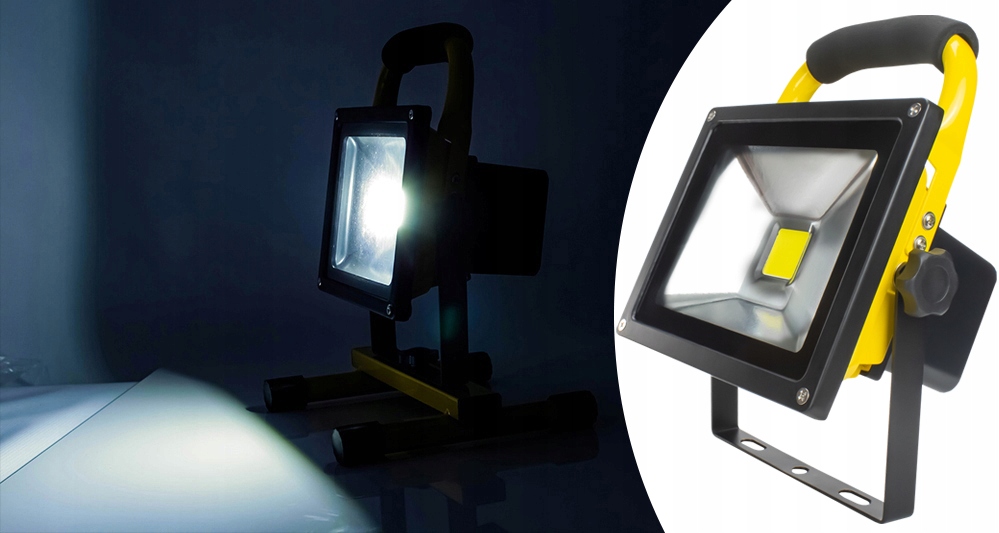 NAŚWIETLACZ AKUMULATOROWY LED HALOGEN BUDOWLANY SIECIOWO-AKUMULATOROWY IP65 Kolor dominujący żółty