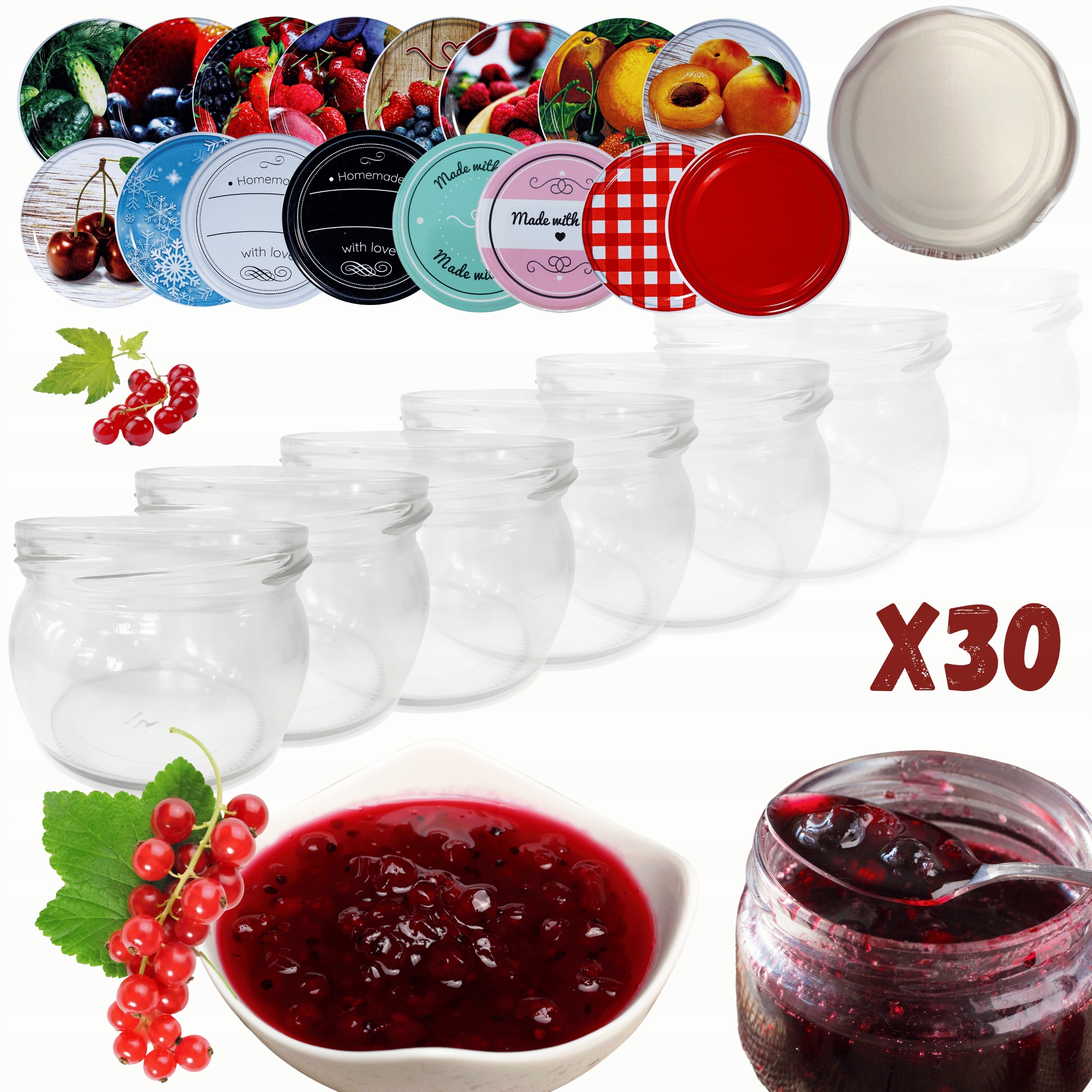 Sklenice 260 Ml 30 Kompletů s Víkem, džemy, džemy, koření, dezerty 82 mm