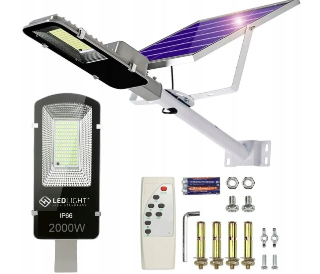 Lampa Solarna 2000W Uliczna Czujnik Zmierzchu Uchwyt Led Mocna Montaż Pilot