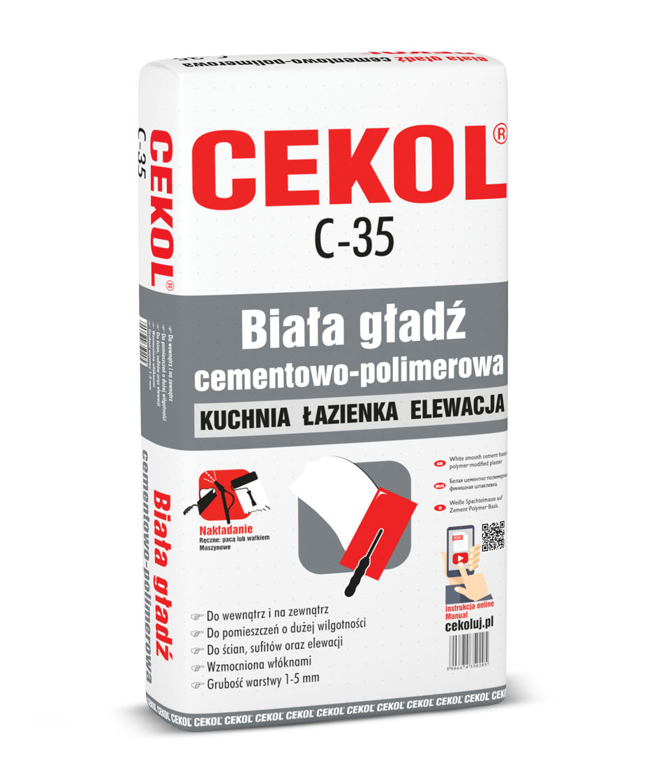 Gładź szpachlowa zewnętrzna Cekol C-35 20 kg Biała elastyczna zaprawa