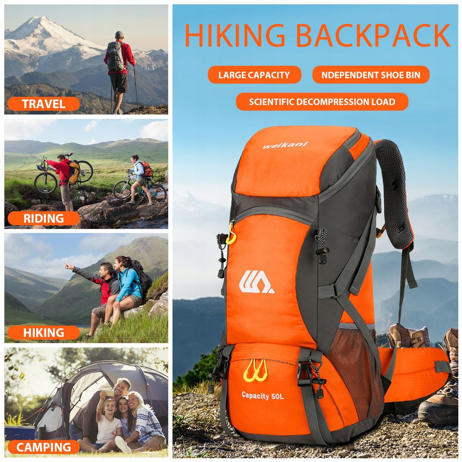 FAVUIT Plecak Turystyczny 50L Lekki Składany Plecak Trekkingowy Outdoor — miniatura 9