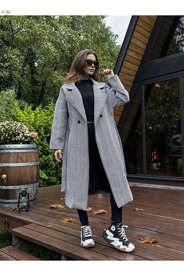 Dlouhý Melírovaný Kabát S Klopami V Elegantním Stylu, Univerzální, Velikost 5IA