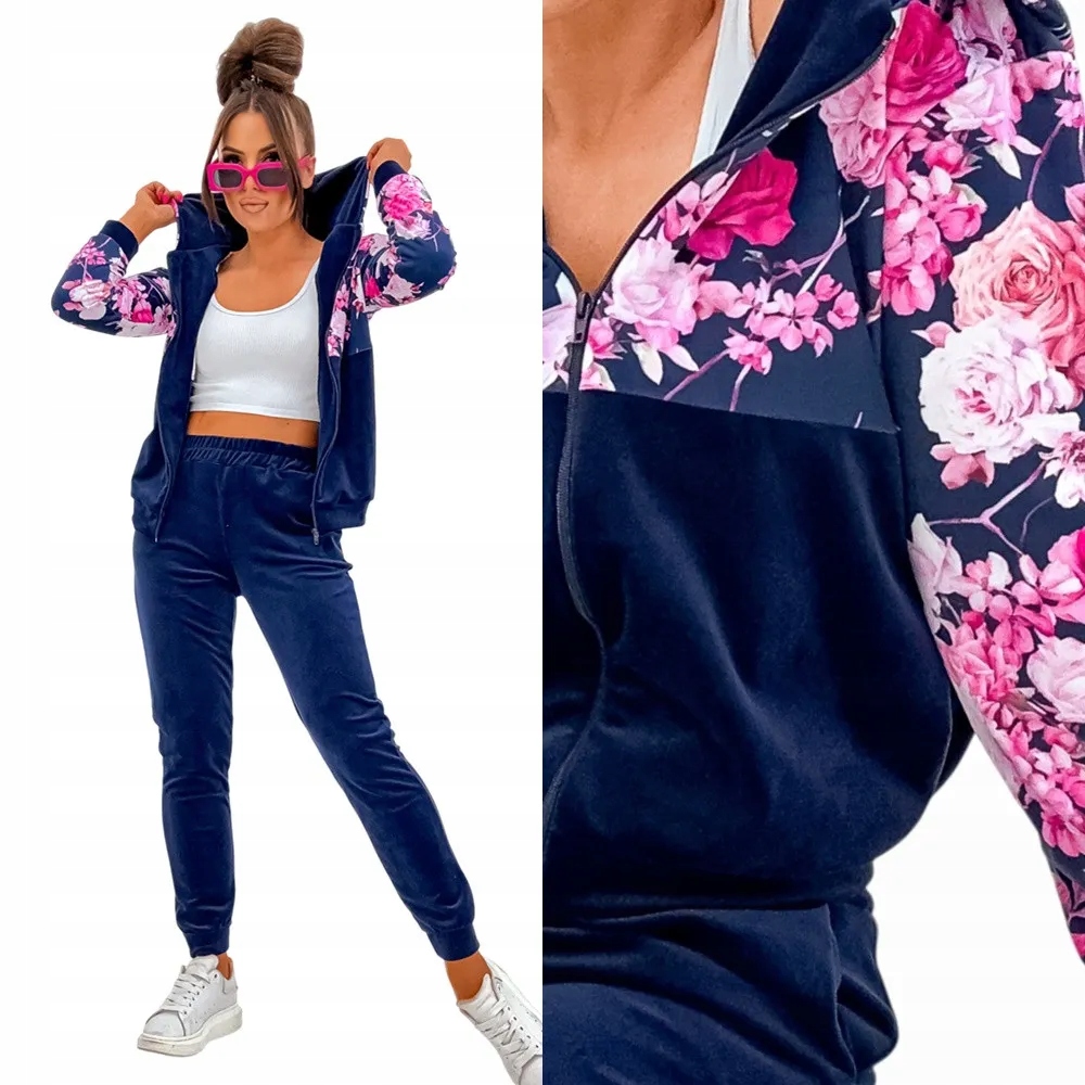 Dámský Teplákovka Velurový komplet s kapucí XL 42 Tmavě modrá