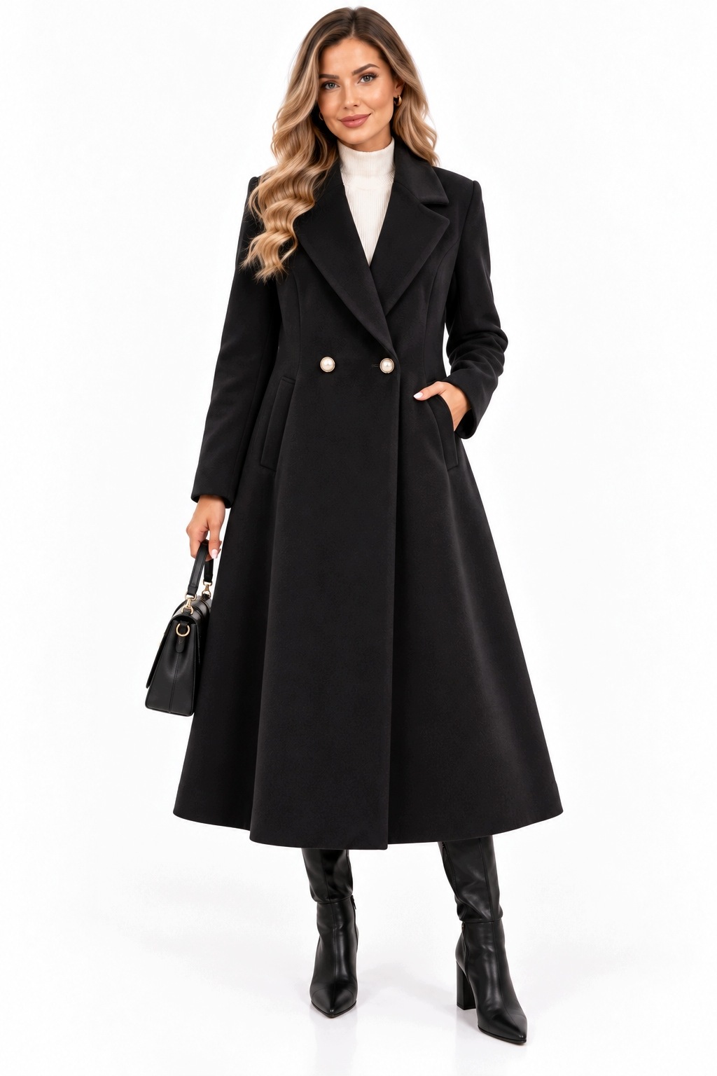 0005 Dámský dlouhý, elegantní, dvouřadý klasický kabát černý