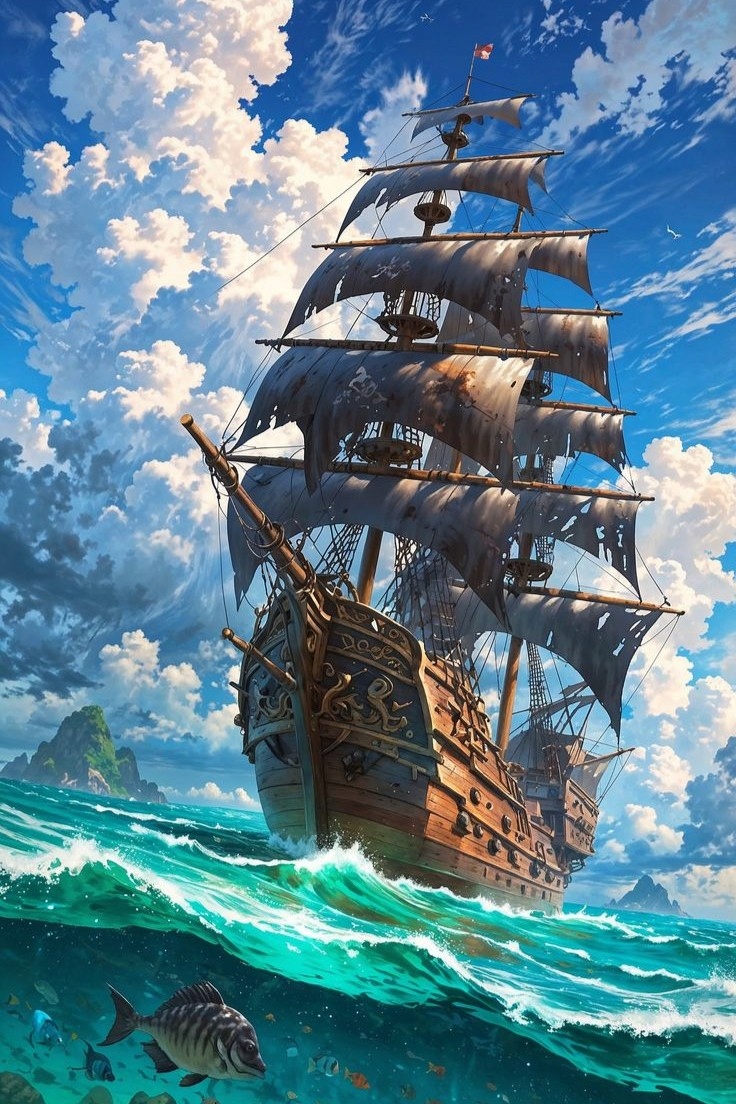 Diamantová výšivka Loď Pirátské moře Loď pirátů Krajina XXL 60x80 cm