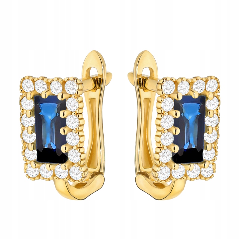 Zlaté Náušnice Dámské anglické pr. 585 Obdélníky Tmavě modré Zirkony 14k