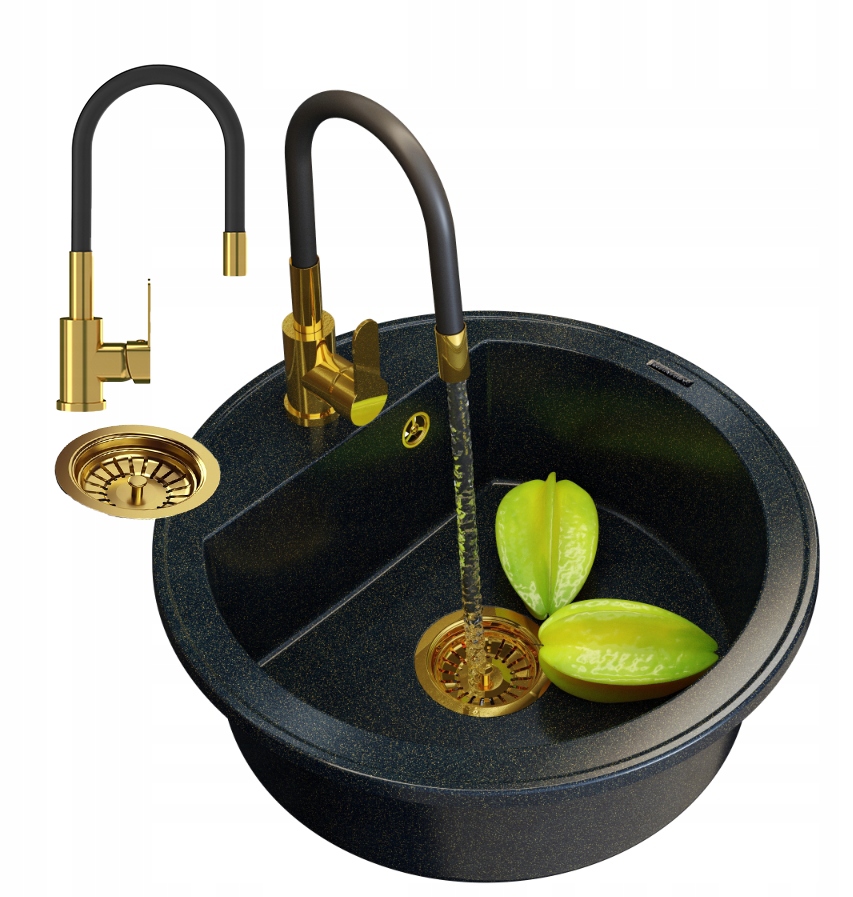 Granitový Drez Okrúhly Arno Jednokomorový Zlatý Sifón Batéria