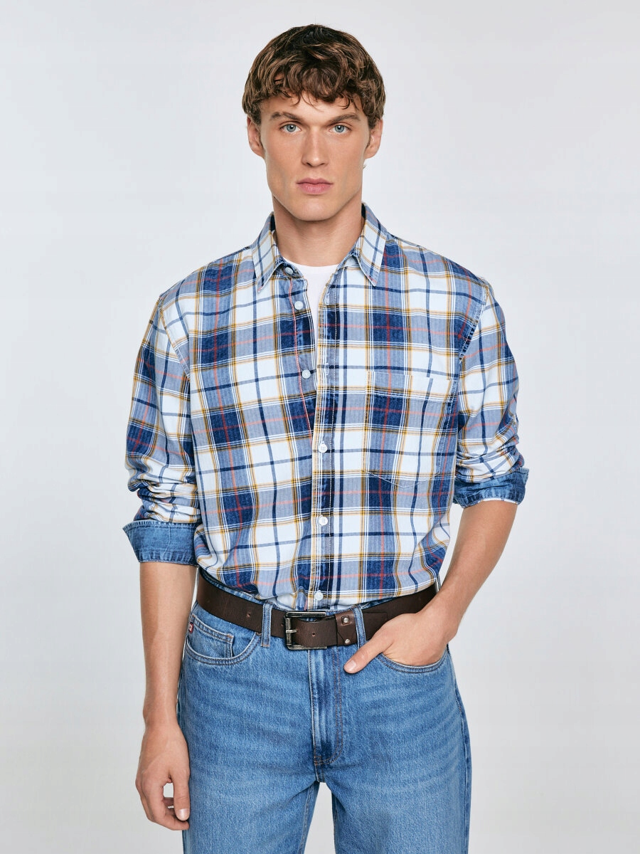 Big Star Pánská Bavlněná Kostkovaná Košile Modro-béžová Merowi 401 M