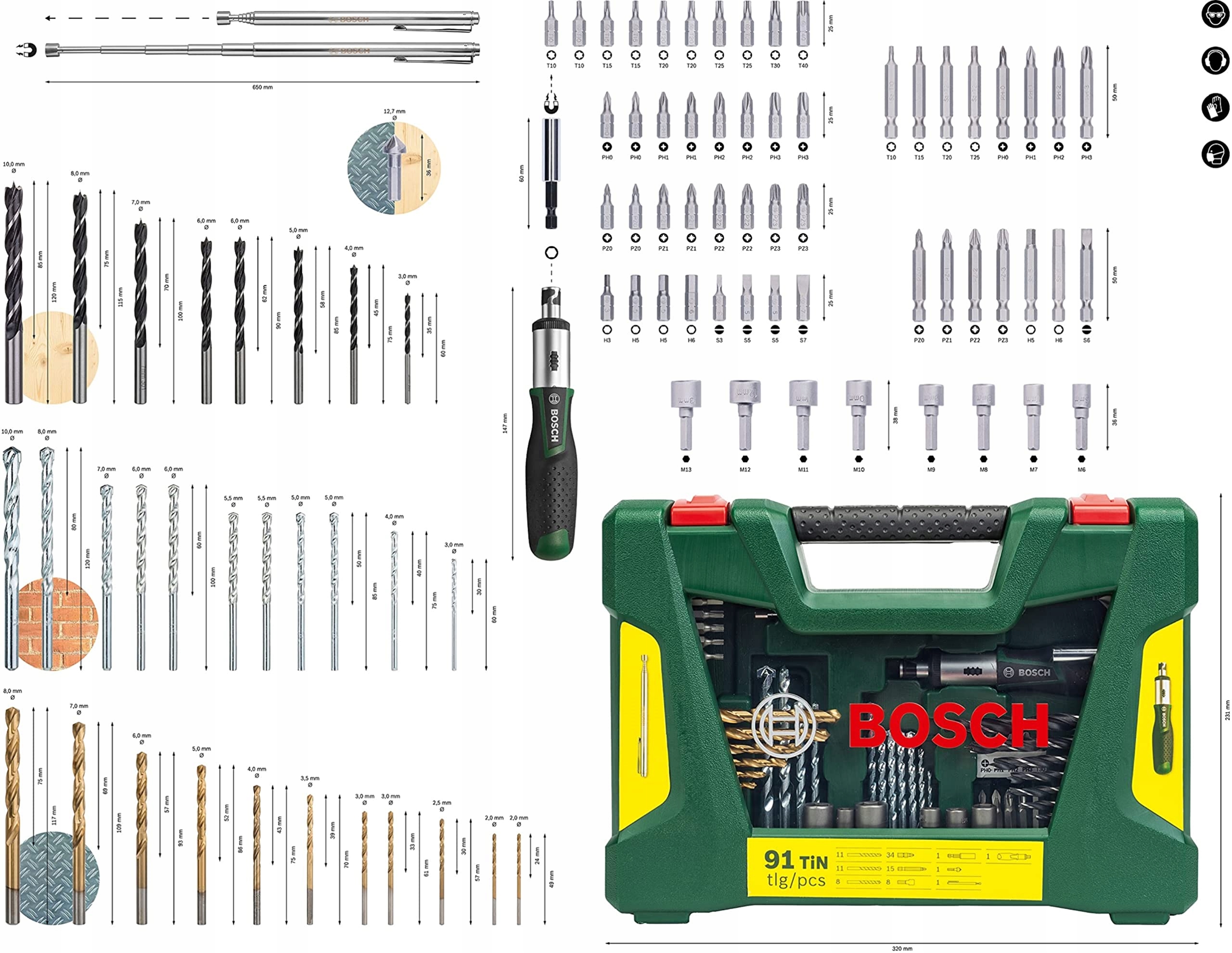 BOSCH Zestaw Wierteł i Bitów 91el Do Drewna Kamienia Metalu — miniatura 3