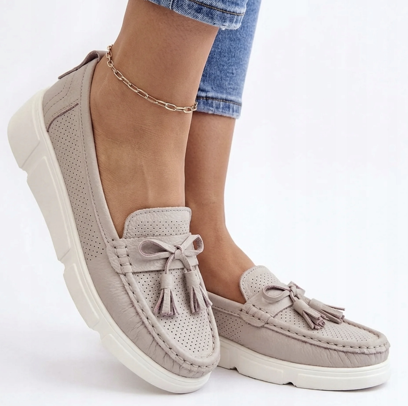 Skórzane Mokasyny Półbuty Damskie Vinceza 88041 Beżowe Lekkie Buty 39