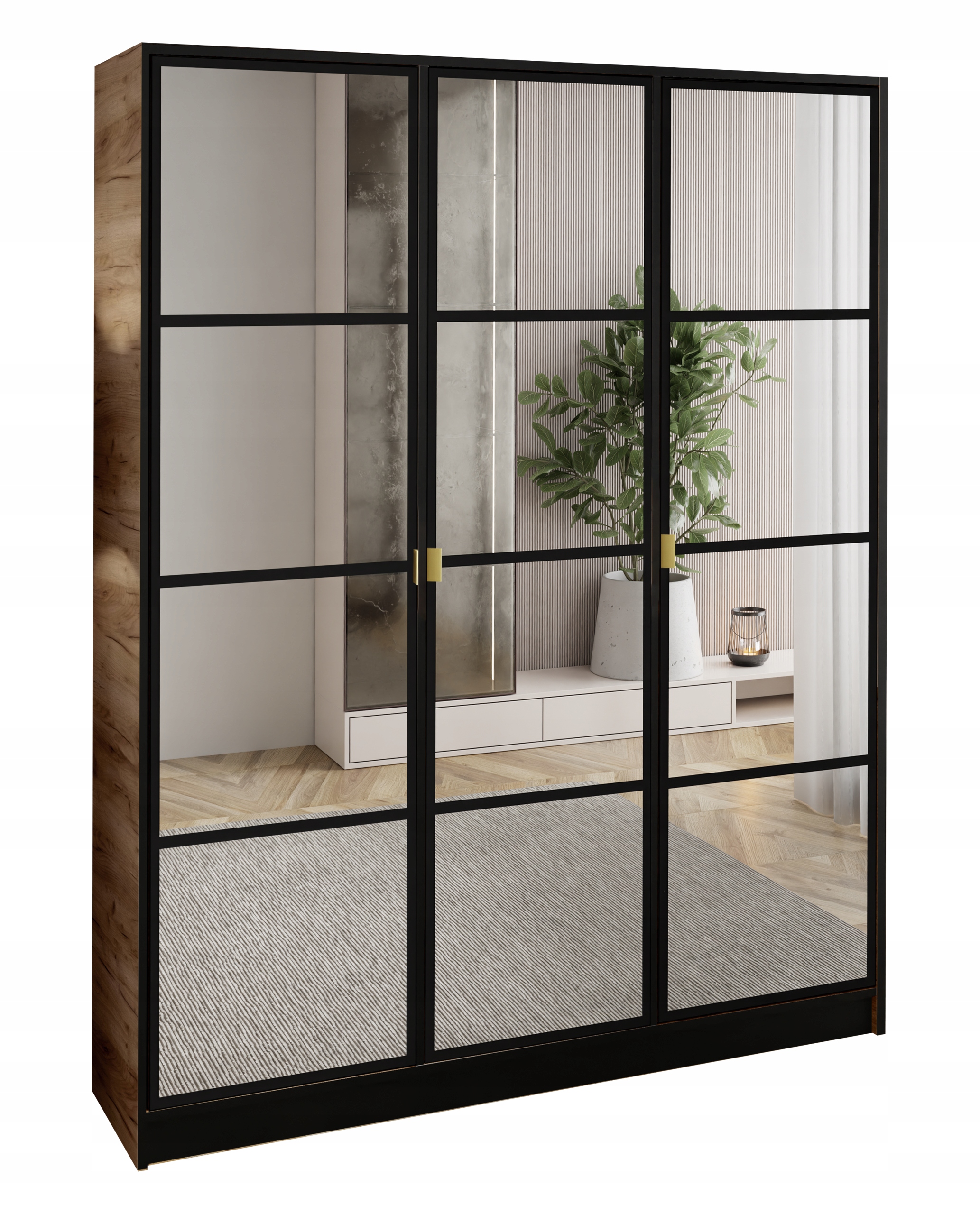 Skříň Třídveřová šatní skříň Lumi 157 3D Craft se zrcadly Eden, zlatý úchyt