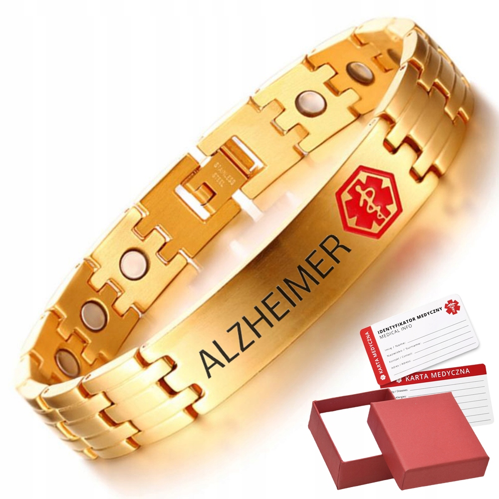 Zlatý lékařský náramek s neodymovými magnety Alzheimer Gravírování Bonus 27 cm