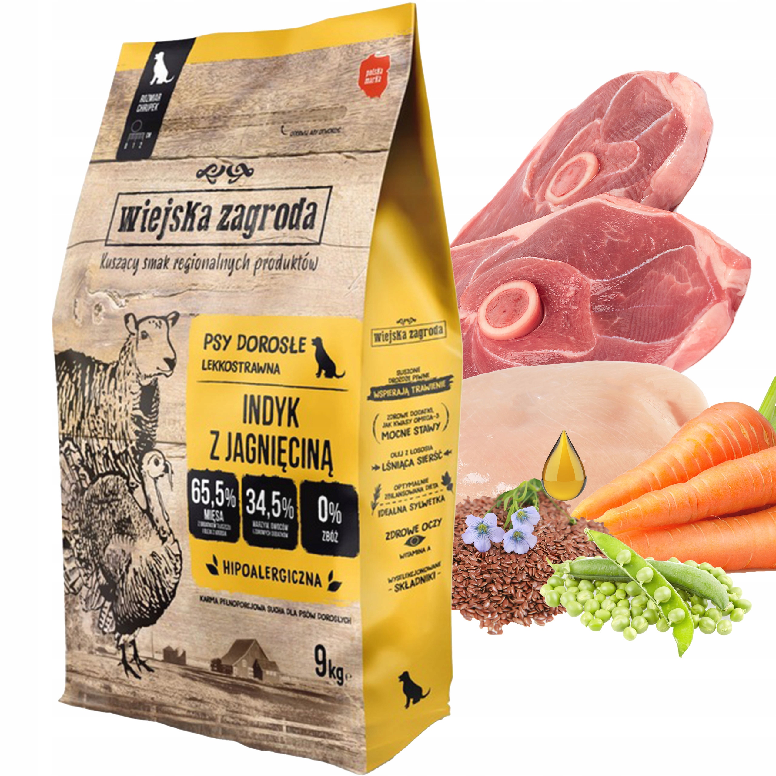 Levně Wiejska Zagroda Krmivo Suché pro psa Krůta Jehněčí maso 9 Kg bez obilovin