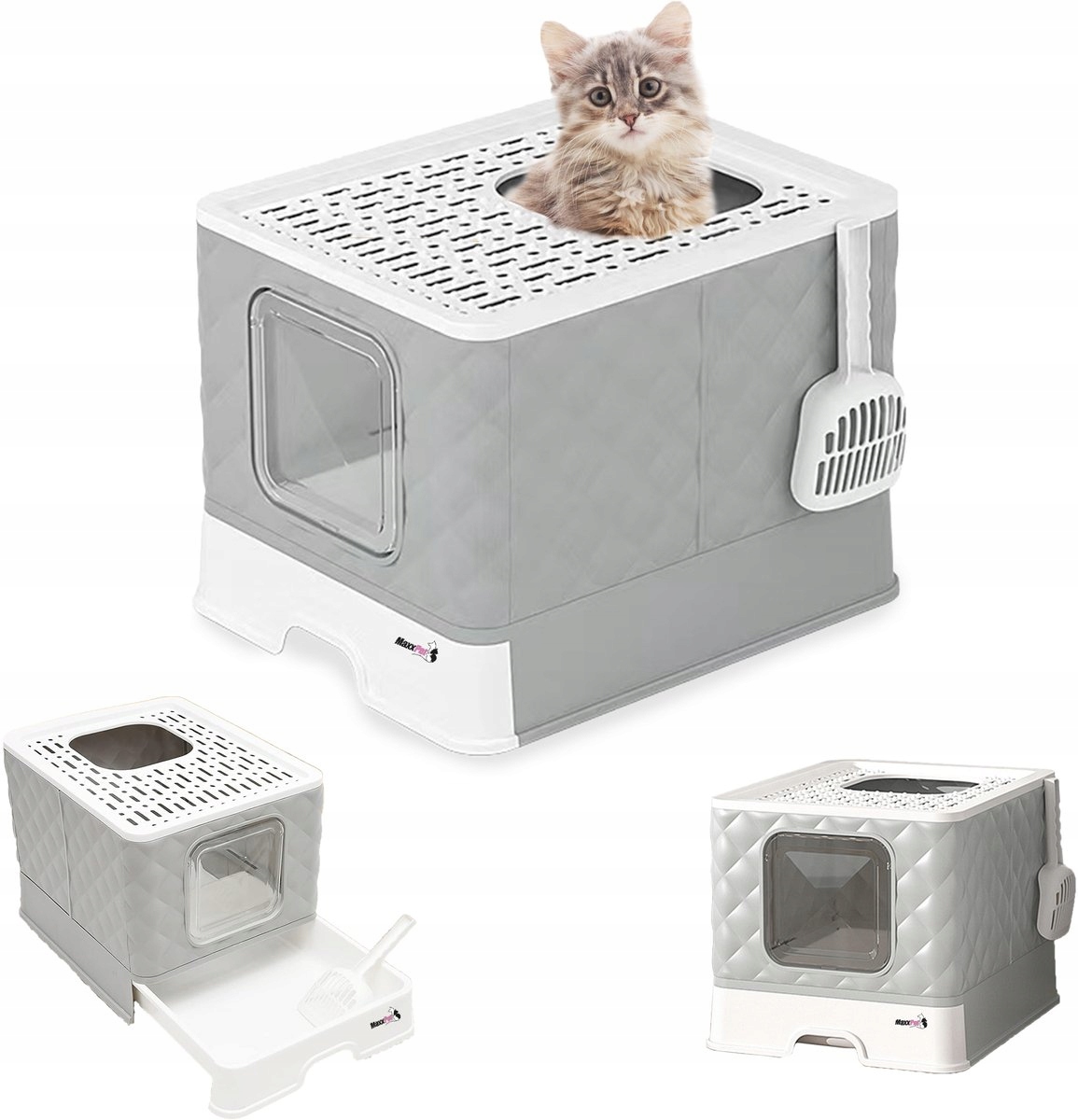 Kuweta kryta z wejściem od góry z szufladą i łopatką szara 50x41x37 cm