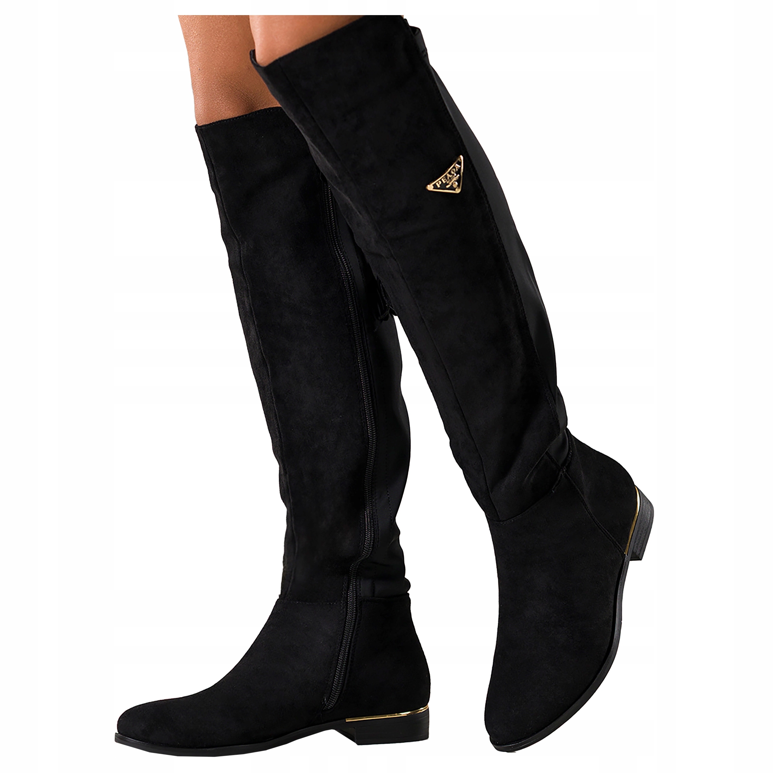 Černé dámské Kozačky Pohodlné s chvojím, zlatá vložka, plochý podpatek, velikost 38