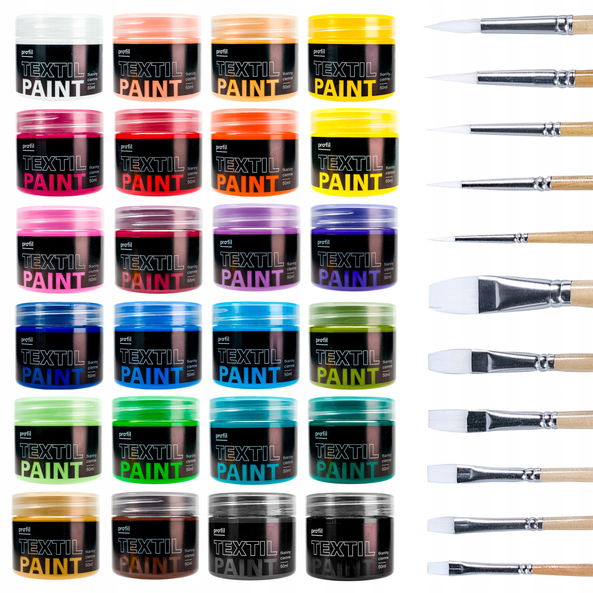 Zestaw farb 24x50 do tkanin ciemnych i 11 pędzli