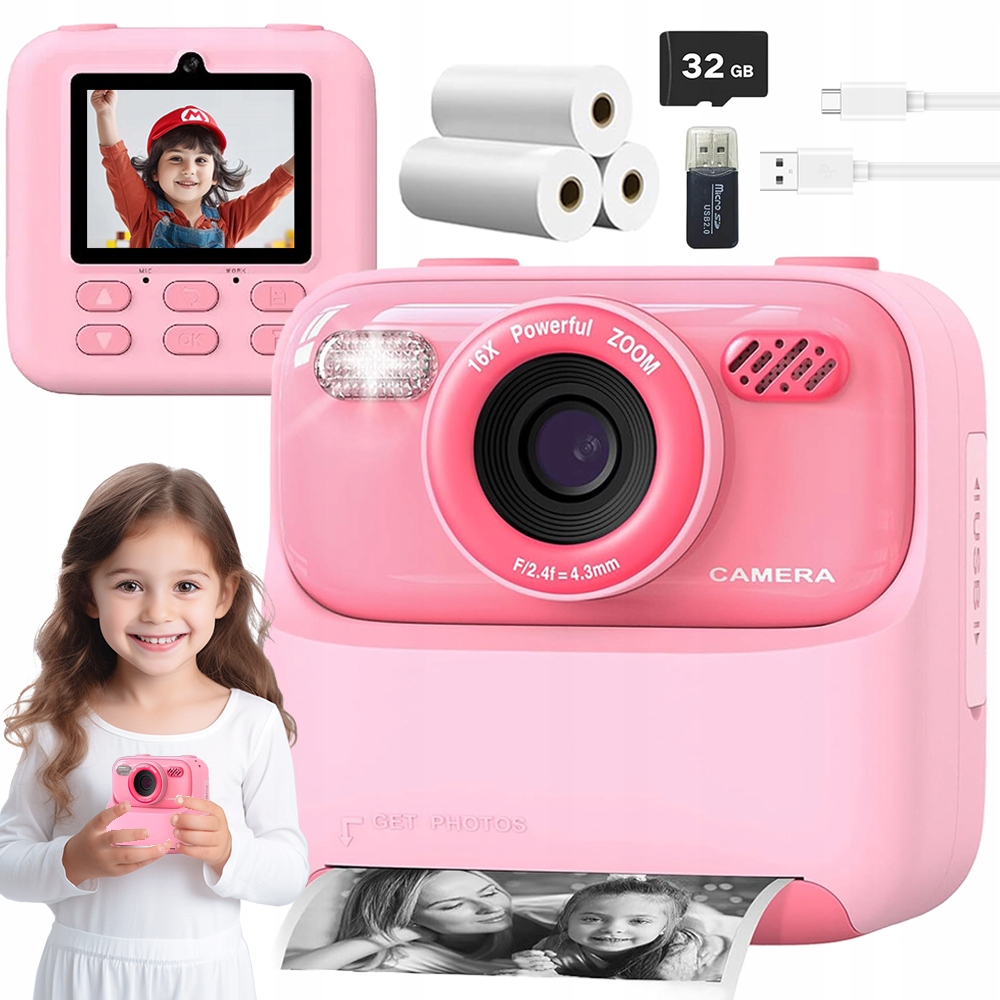Fotoaparát Pro Děti Instantní Tiskárna 32 Gb 1200 Mah Růžová