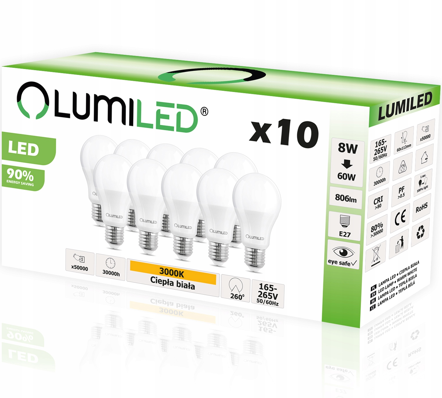 

10x Żarówka Led E27 8W 60W 3000K Ciepła Lumiled