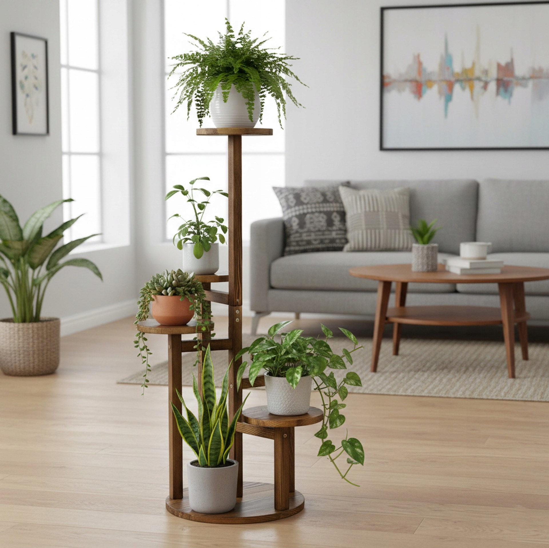 DREWNIANY KWIETNIK STOJAK NA KWIATY ROŚLINY 6 POZIOMÓW STOJĄCY REGAŁ LOFT Wysokość produktu 87 cm