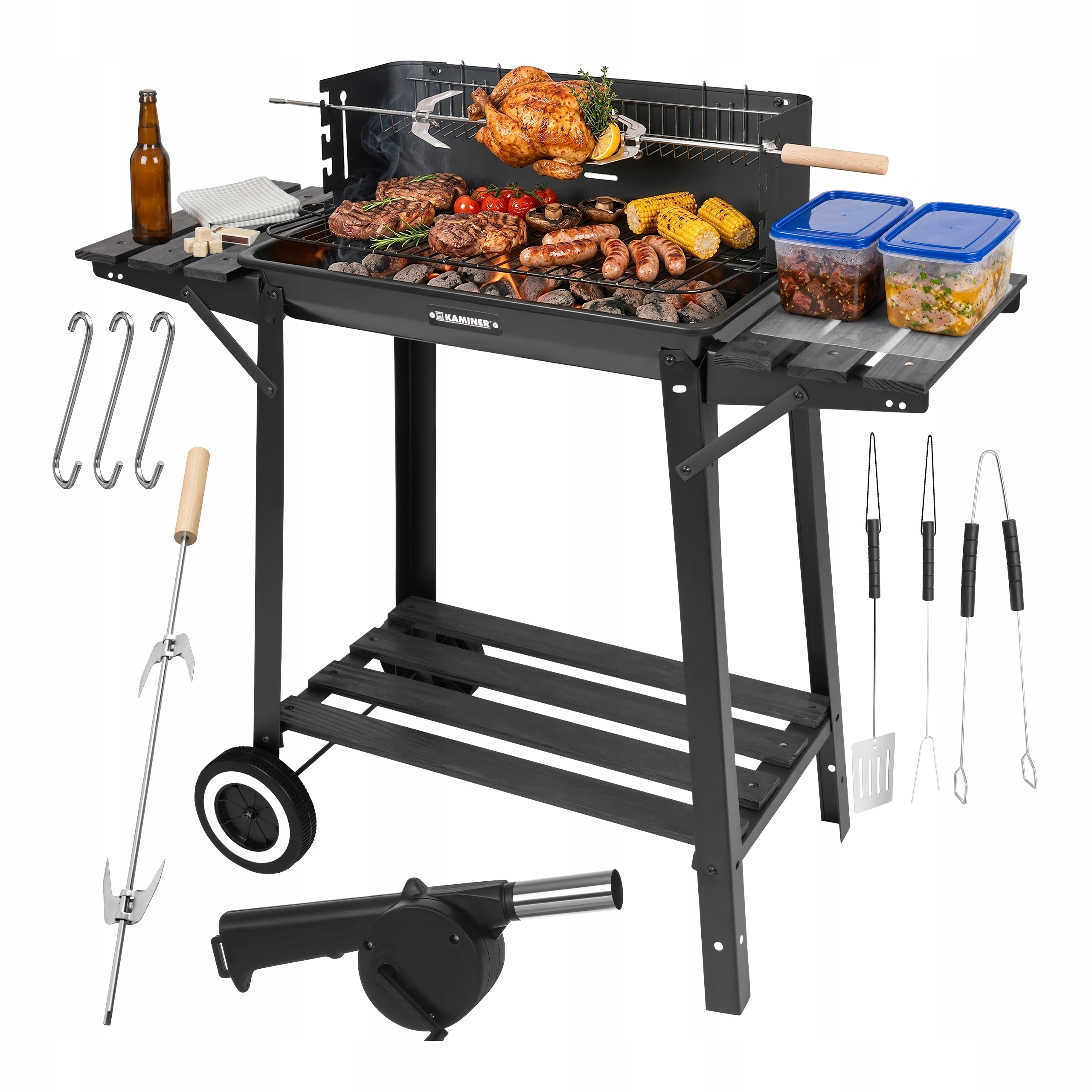 Zahradní gril na dřevěné uhlí s krytem a rohem, přenosný, stabilní, policový rošt