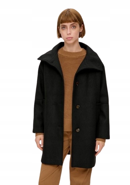 Černý Vlněný Kabát S Vysokým Límcem, Velikost 38, J5B